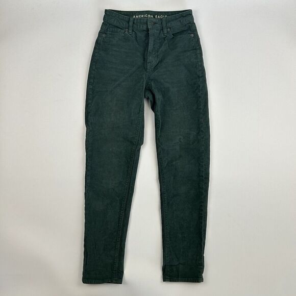 American Eagle Mom Straight Jeans Green Corduroy Size 000 Cotton Blend Stretch - Picture 2 of 11